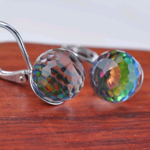 Faceted Crystal Prism Orb Style Drop Earrings, rainbow, sparkle - Picture 2 of 2